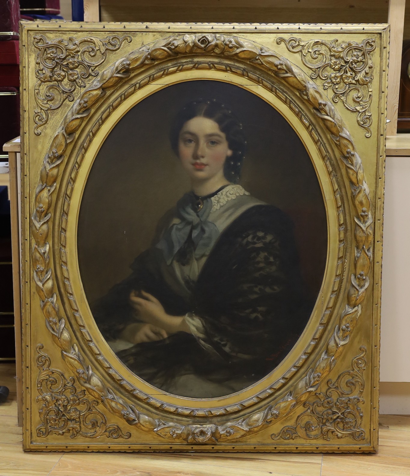 Richard Buckner (1812-1893), oil on canvas, oval portrait of Mrs Beauclerk, 86 x 67cm, in a good Victorian giltwood and composition frame bearing old labels